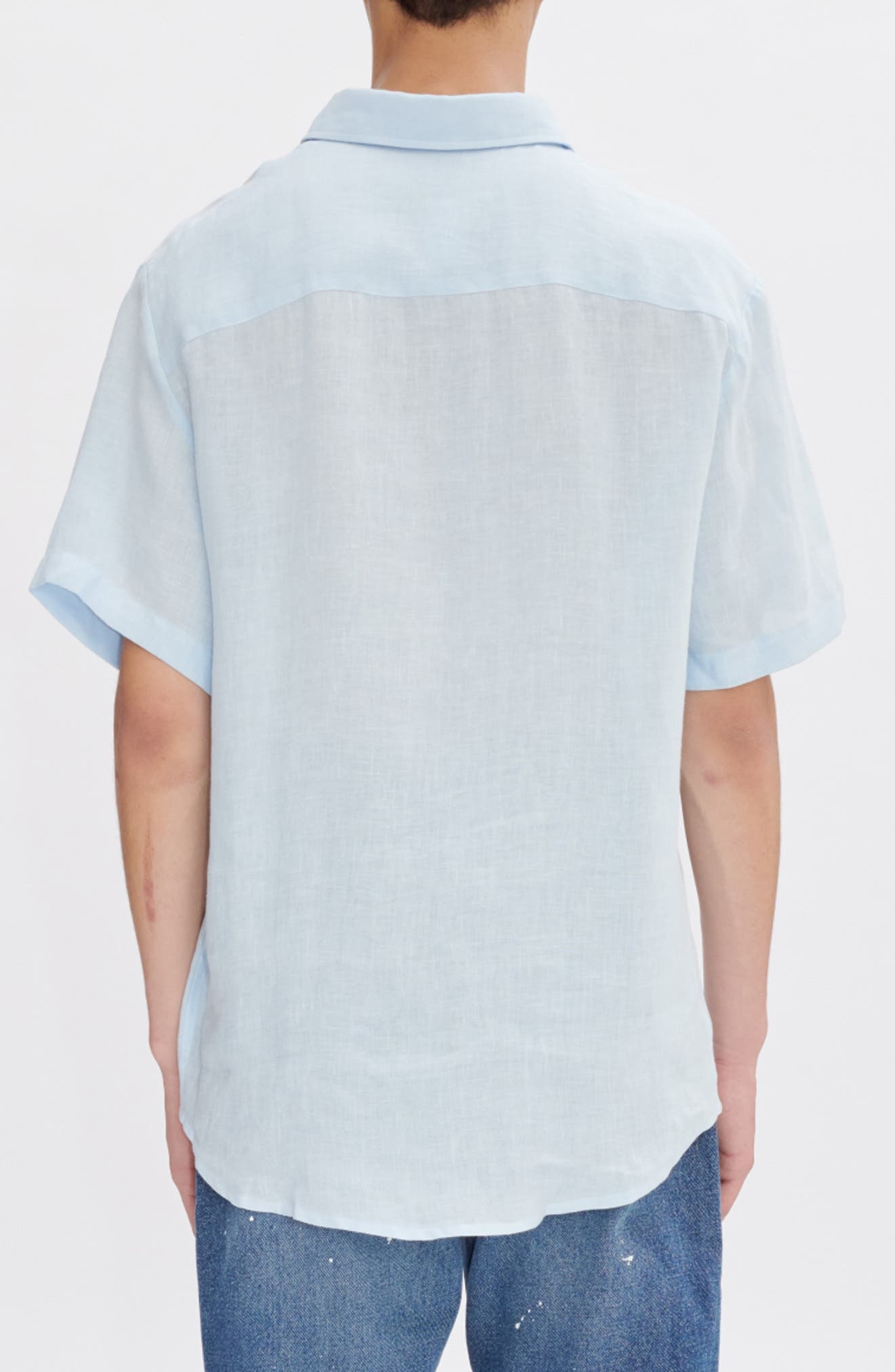 A.P.C. Bellini Logo Embroidered Short Sleeve Linen Button-Up Shirt in Iab Light Blue at Nordstrom - 3