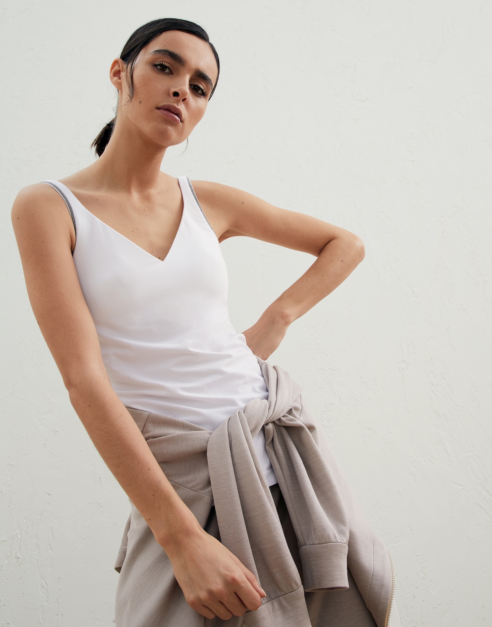 Stretch cotton jersey top with shiny strap - 4