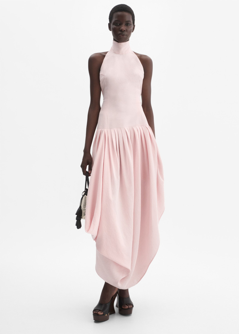 Long draped silk halterneck dress with high collar in pink 4