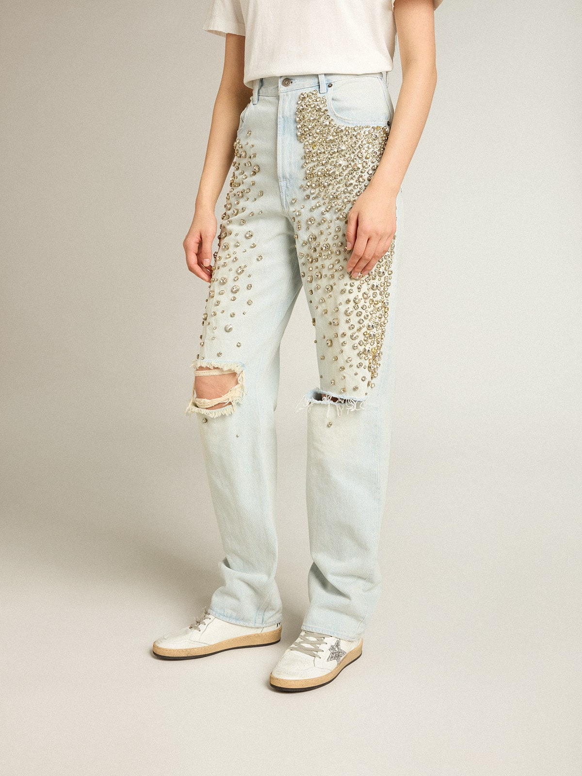 Women's bleached jeans with cabochon crystals - 2