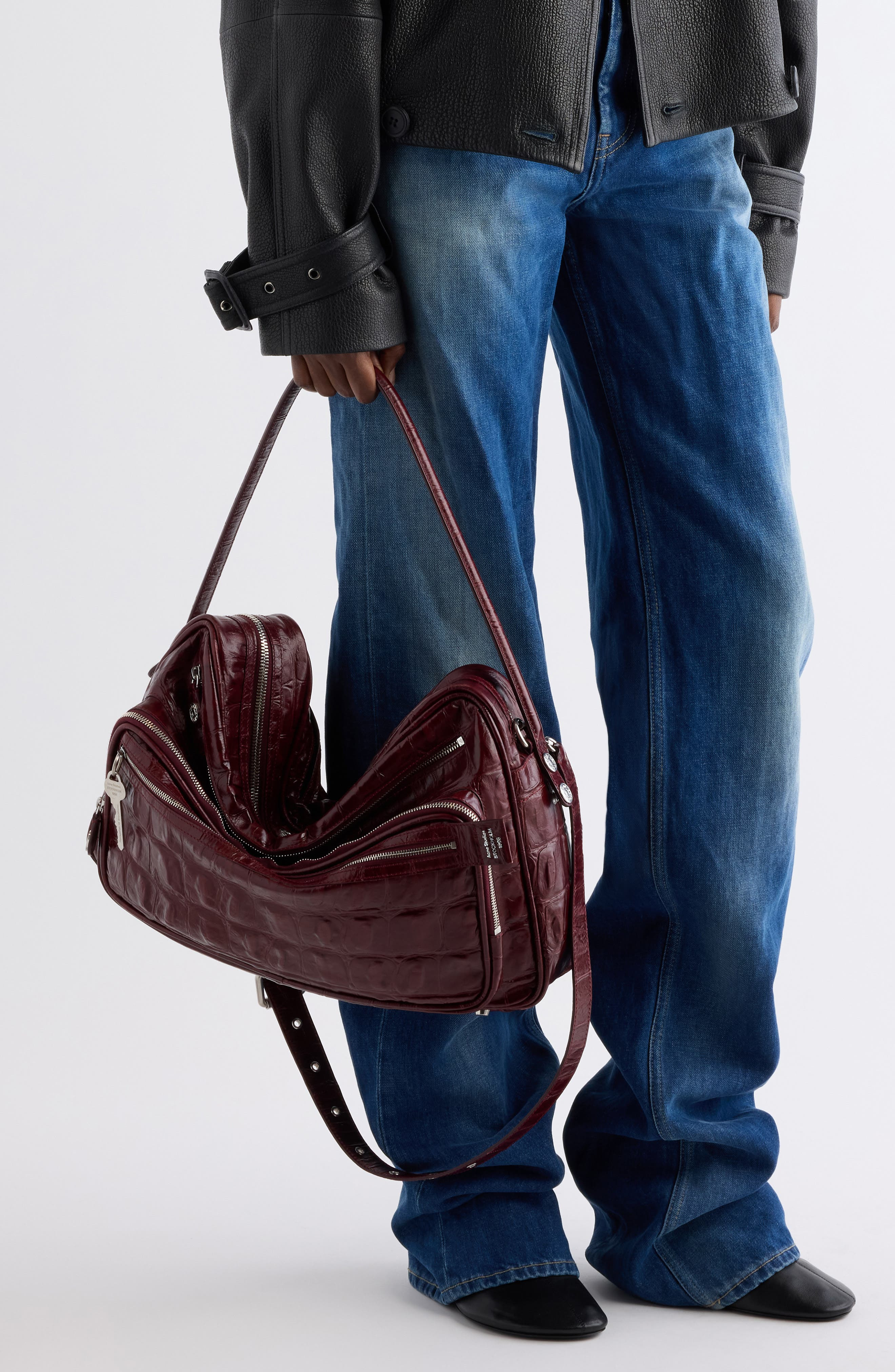 Acne Studios Camero Croc Embossed Leather Shoulder Bag in Burgundy at Nordstrom - 2