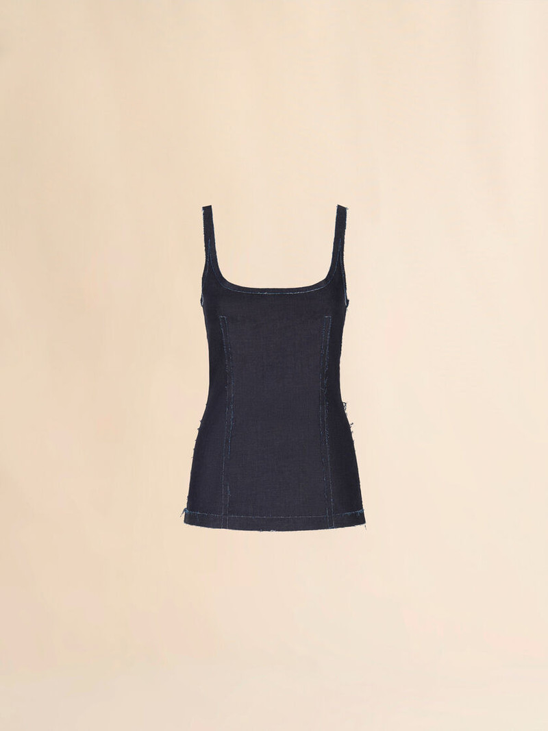 DEEP BLUE STRETCH DENIM TROMPE L'OEIL TANK TOP 1