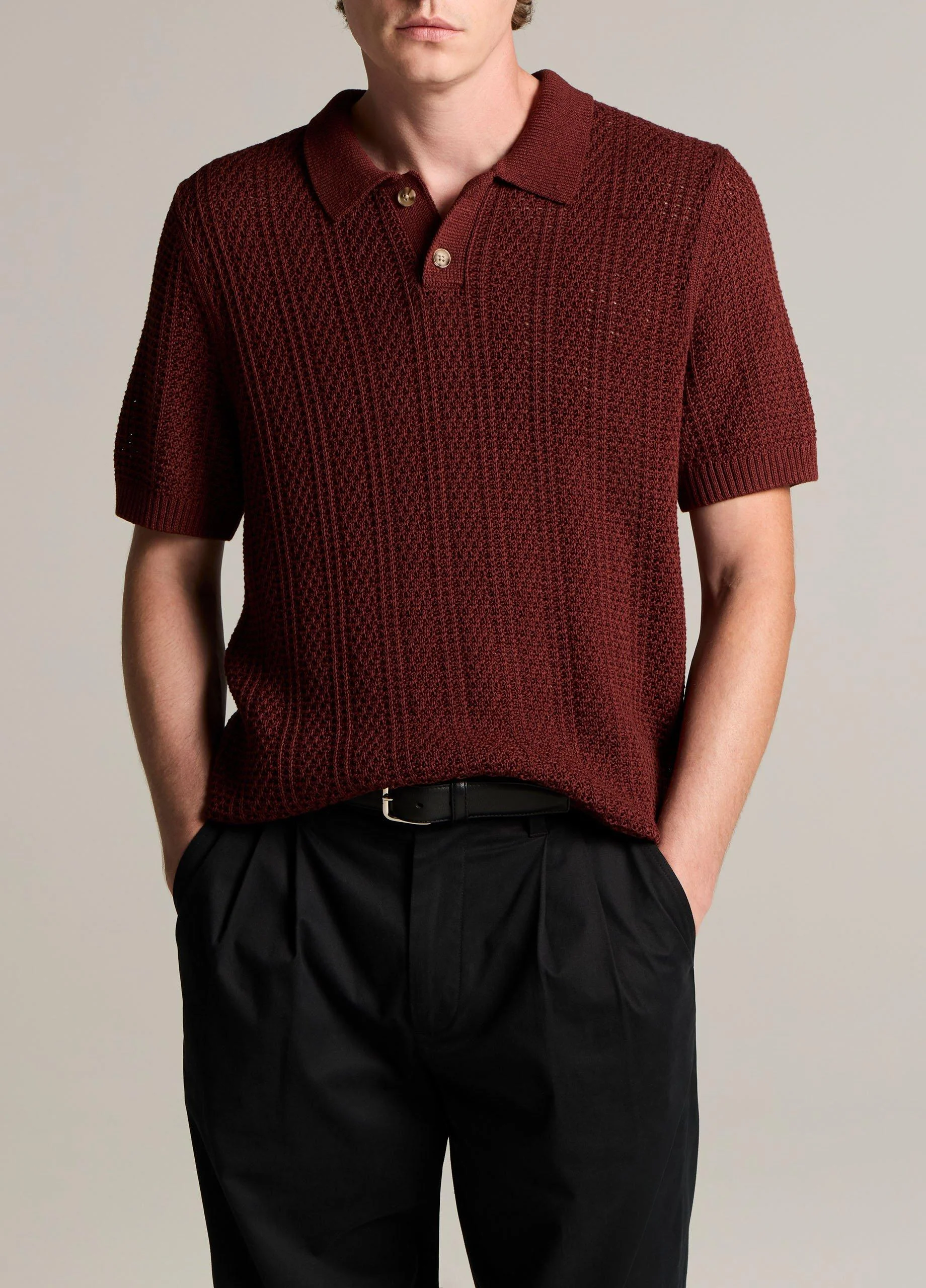 Seed-Stitch Rib Cotton Polo Sweater - 1
