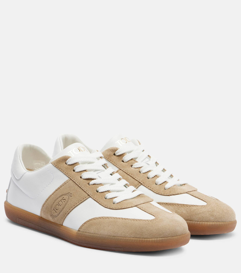 Suede-trimmed leather sneakers 1