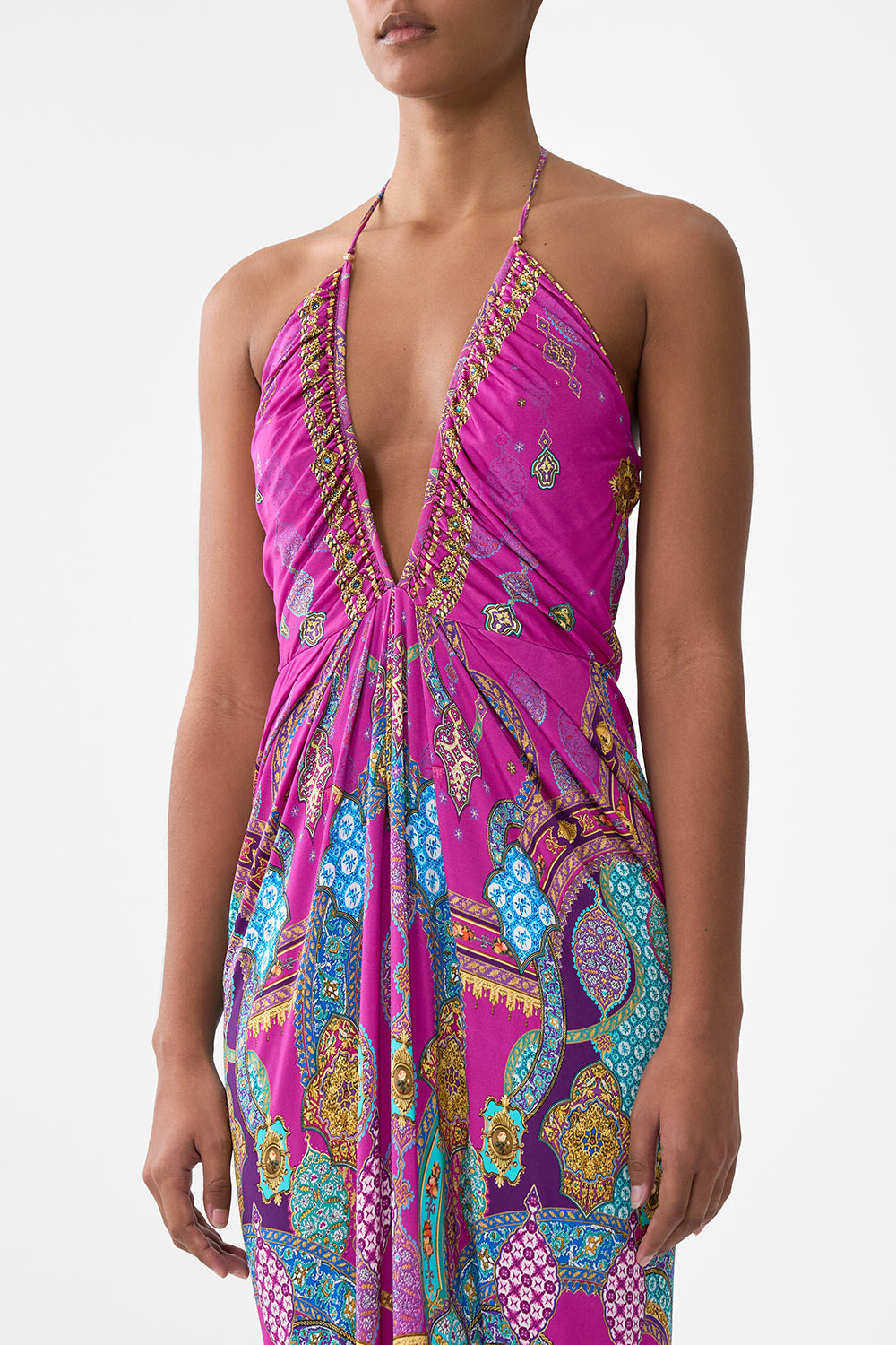 V NECK GATHERED JERSEY DRESS - 5