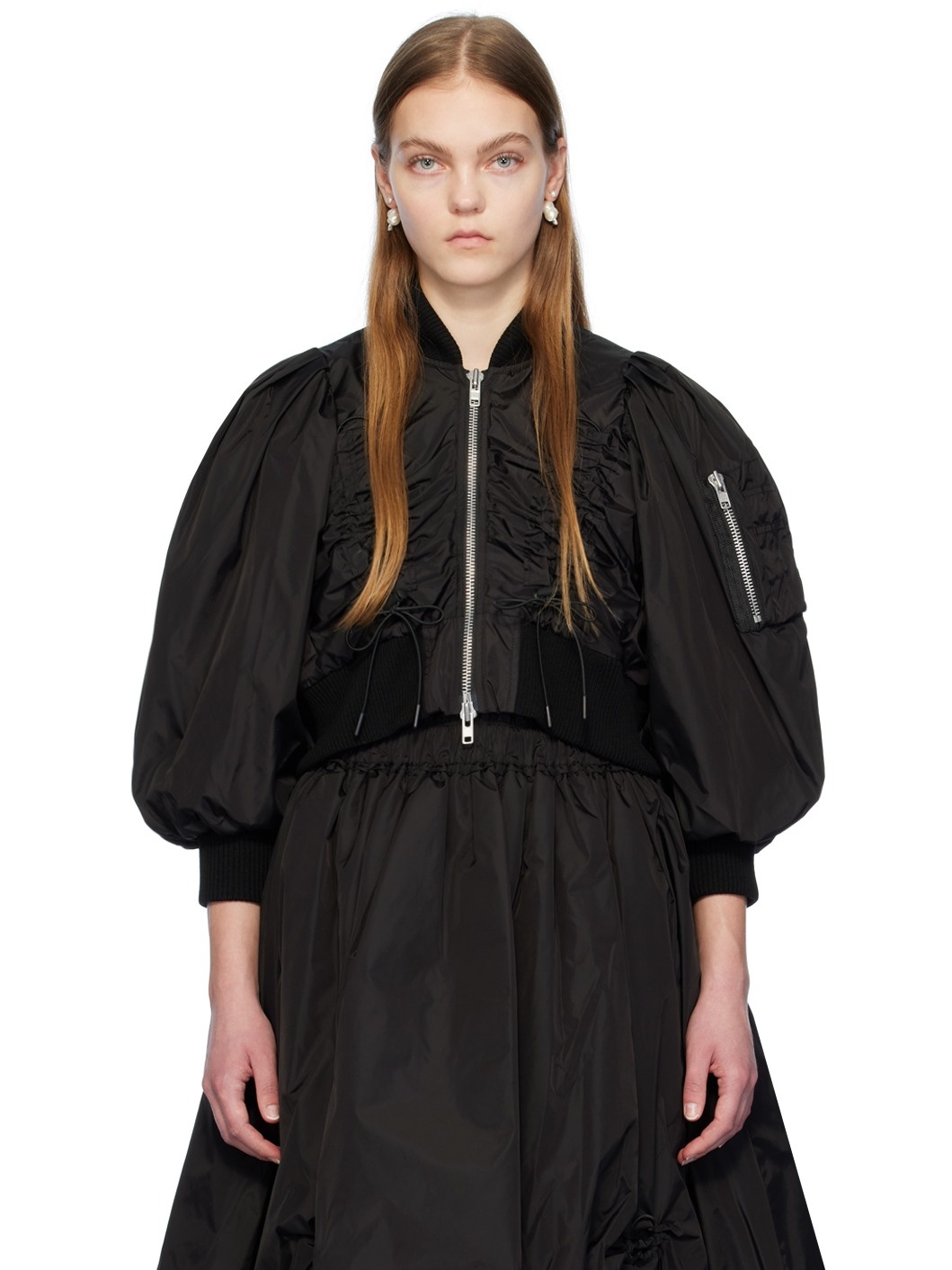 Black Cropped Bomber Jacket - 1