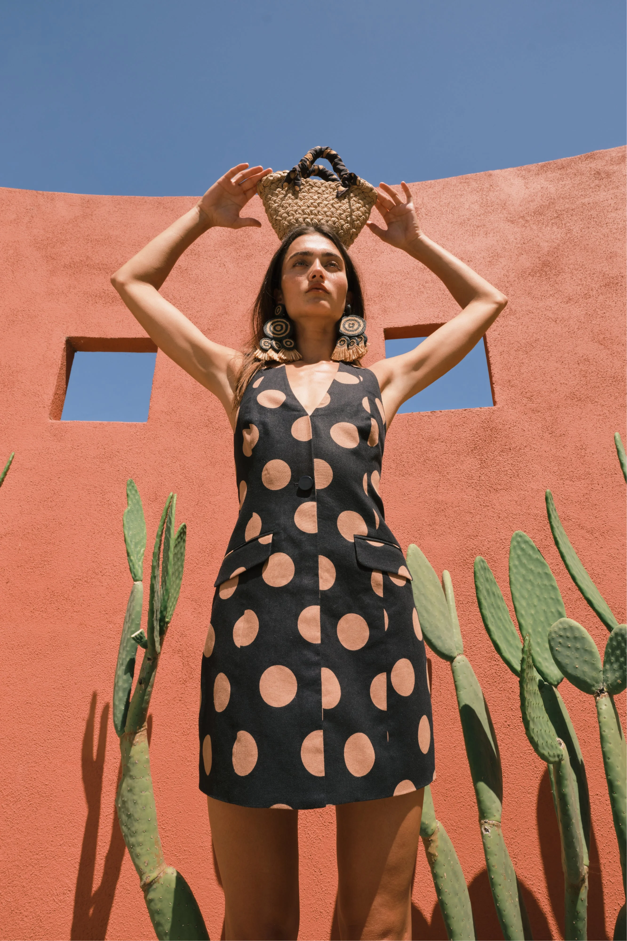 Kirra Linen Mini Dress In Black/Tan Polka Dot - 1