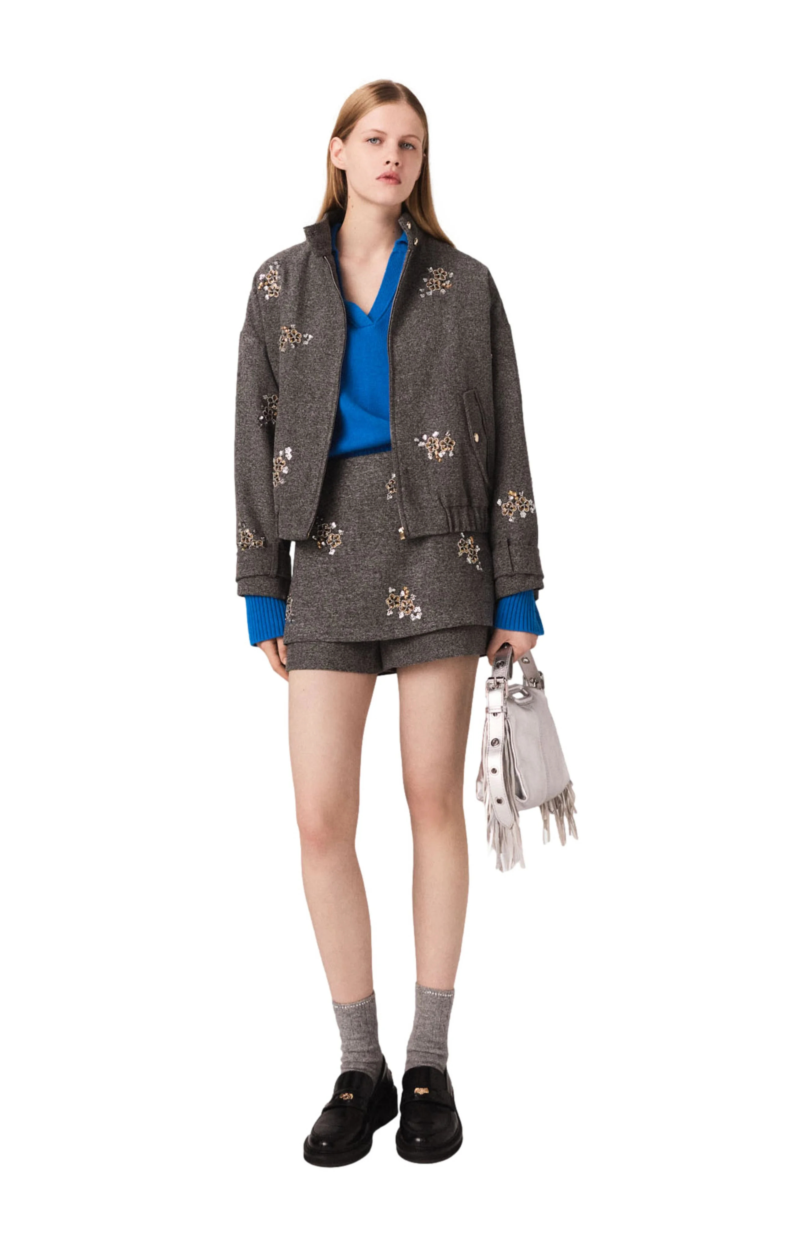 maje Floral embroidered shorts in Grey at Nordstrom - 1