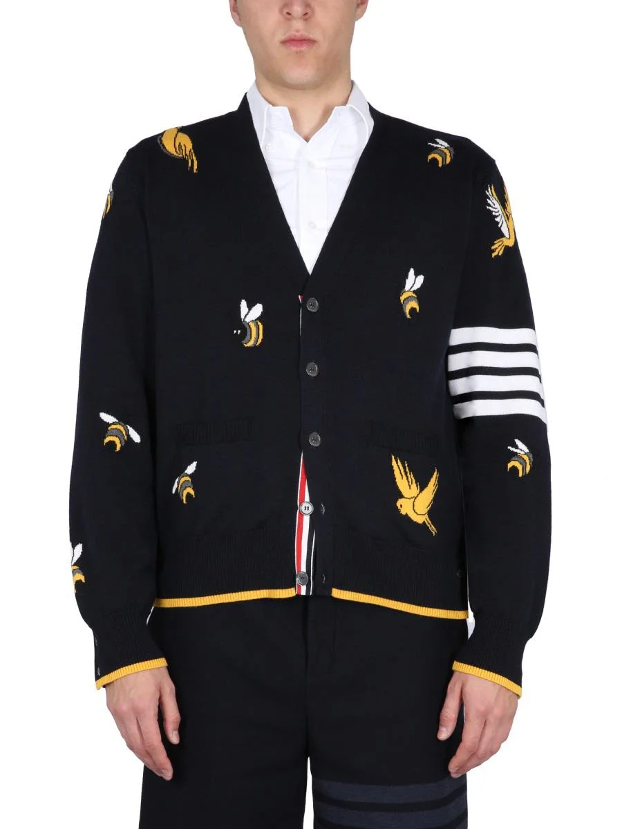 THOM BROWNE CARDIGAN WITH BIRDS AND BEES INLAYS - 1
