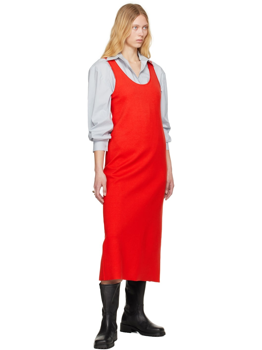 Red Cotton Silk Stretch Knit Midi Dress - 5