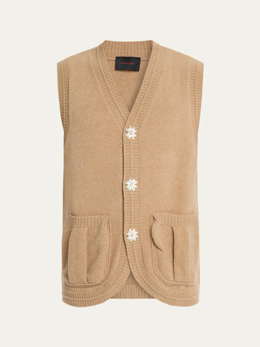 Men's Virgin Wool Knit Pearly Flower-Button Cardigan Vest - 1
