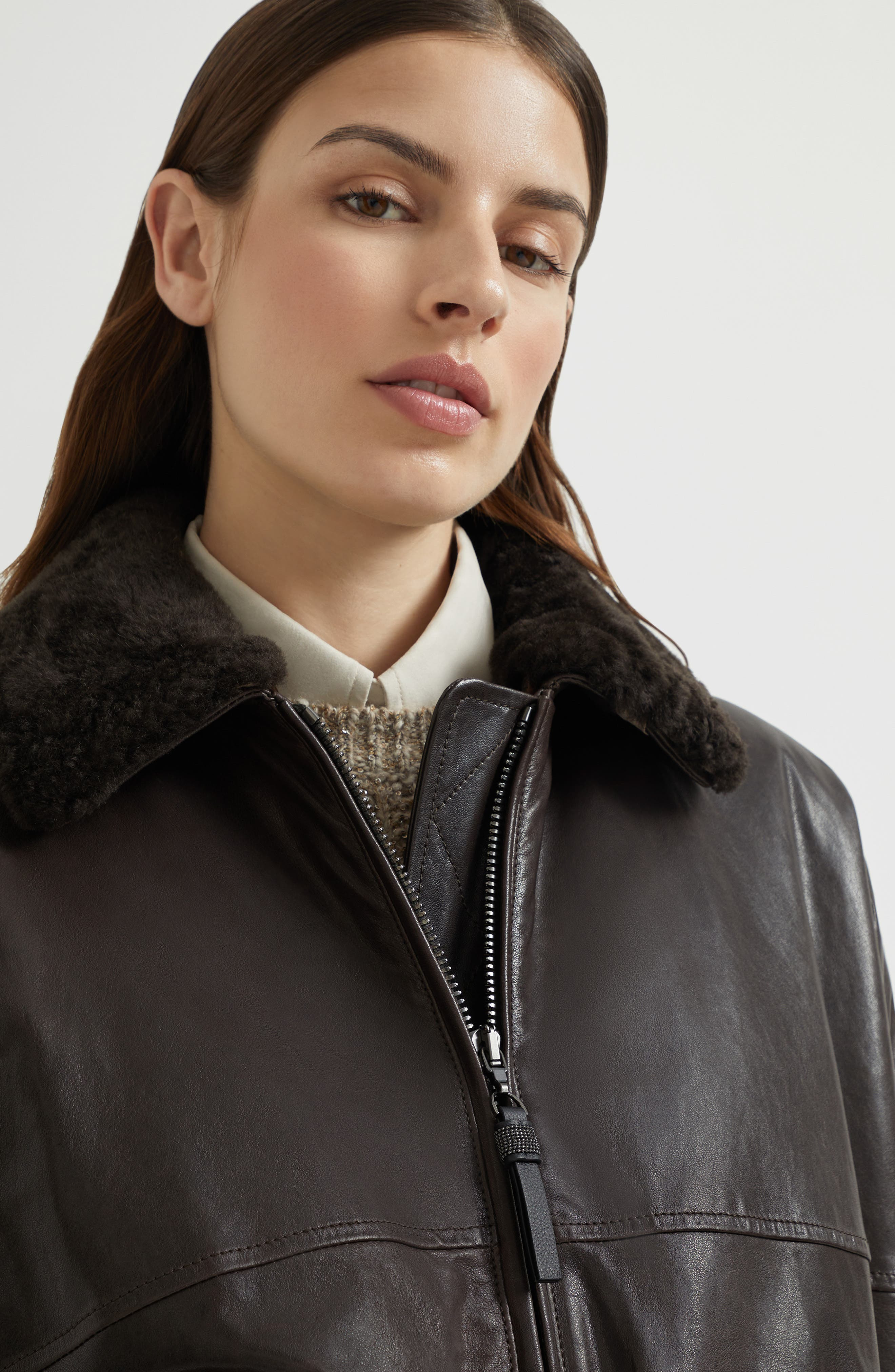 Brunello Cucinelli Nappa leather bomber jacket in Cocoa at Nordstrom - 4