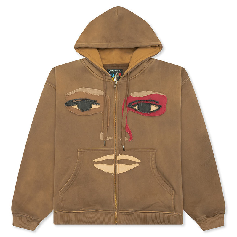 PATCHWORK FACE HEAVYWEIGHT ZIP UP HOODIE - DARK BROWN 1