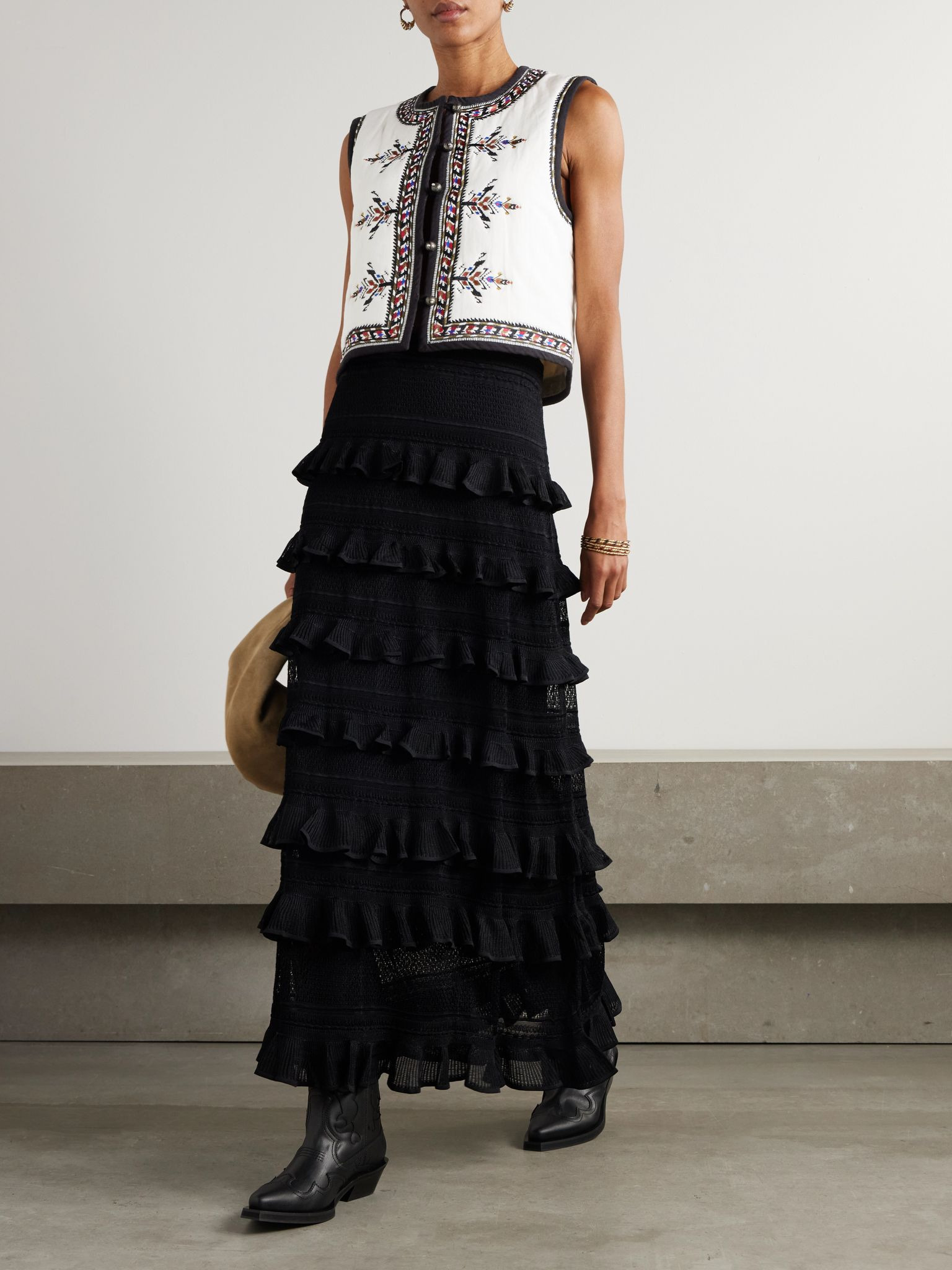 Padded embroidered woven vest Ecru - 2