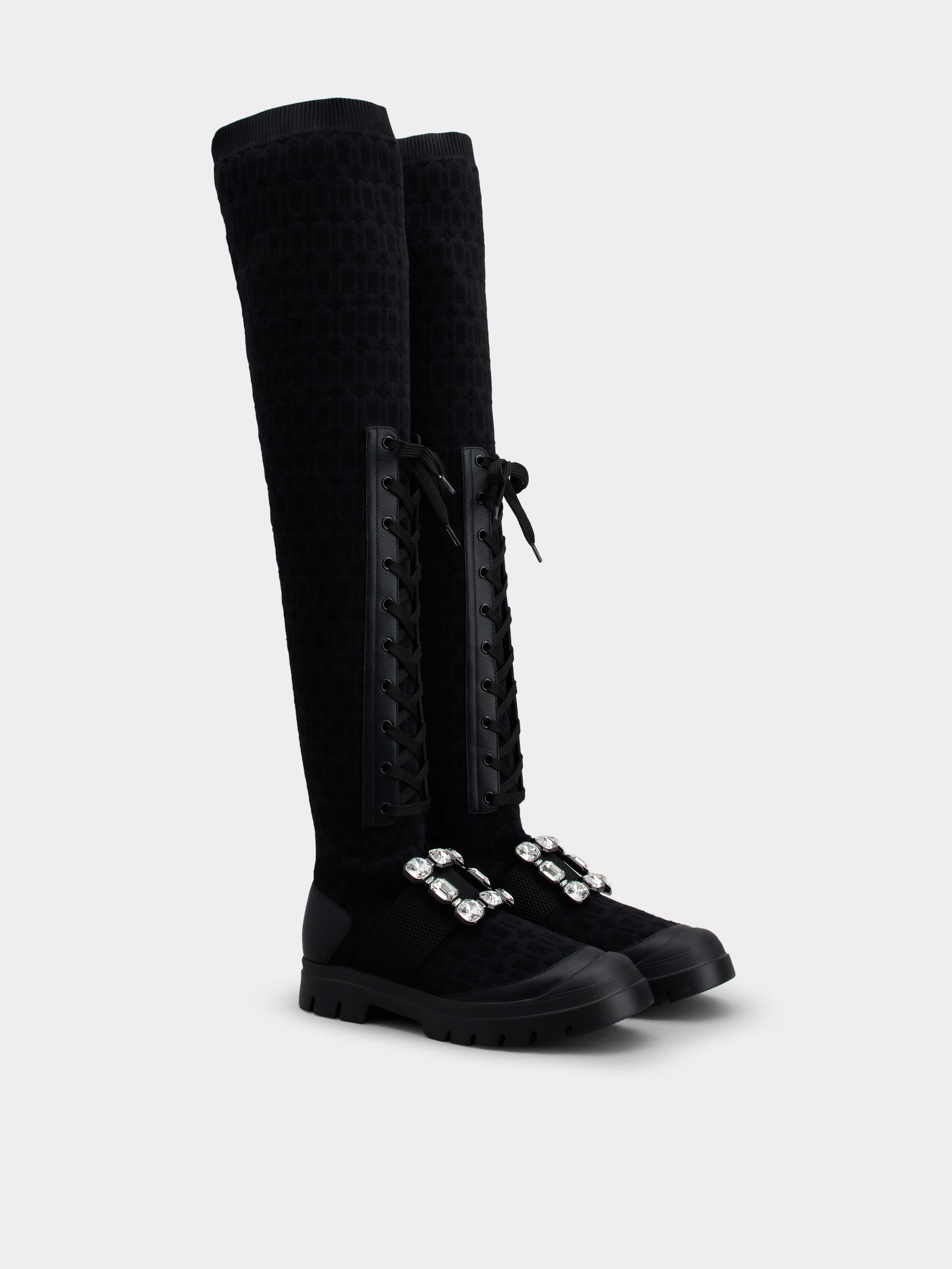 Walky Viv' Strass Buckle Socks Boots in Fabric and Leather - 3