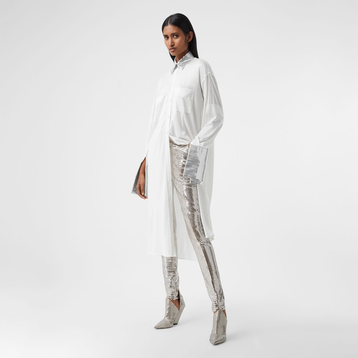Burberry Mirrored Cotton Trim Silk Jersey Oversized Shirt
