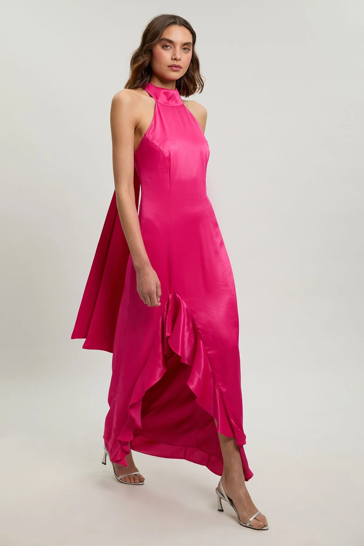 Ruffle Detail Satin Viscose Halterneck Maxi Dress - 1
