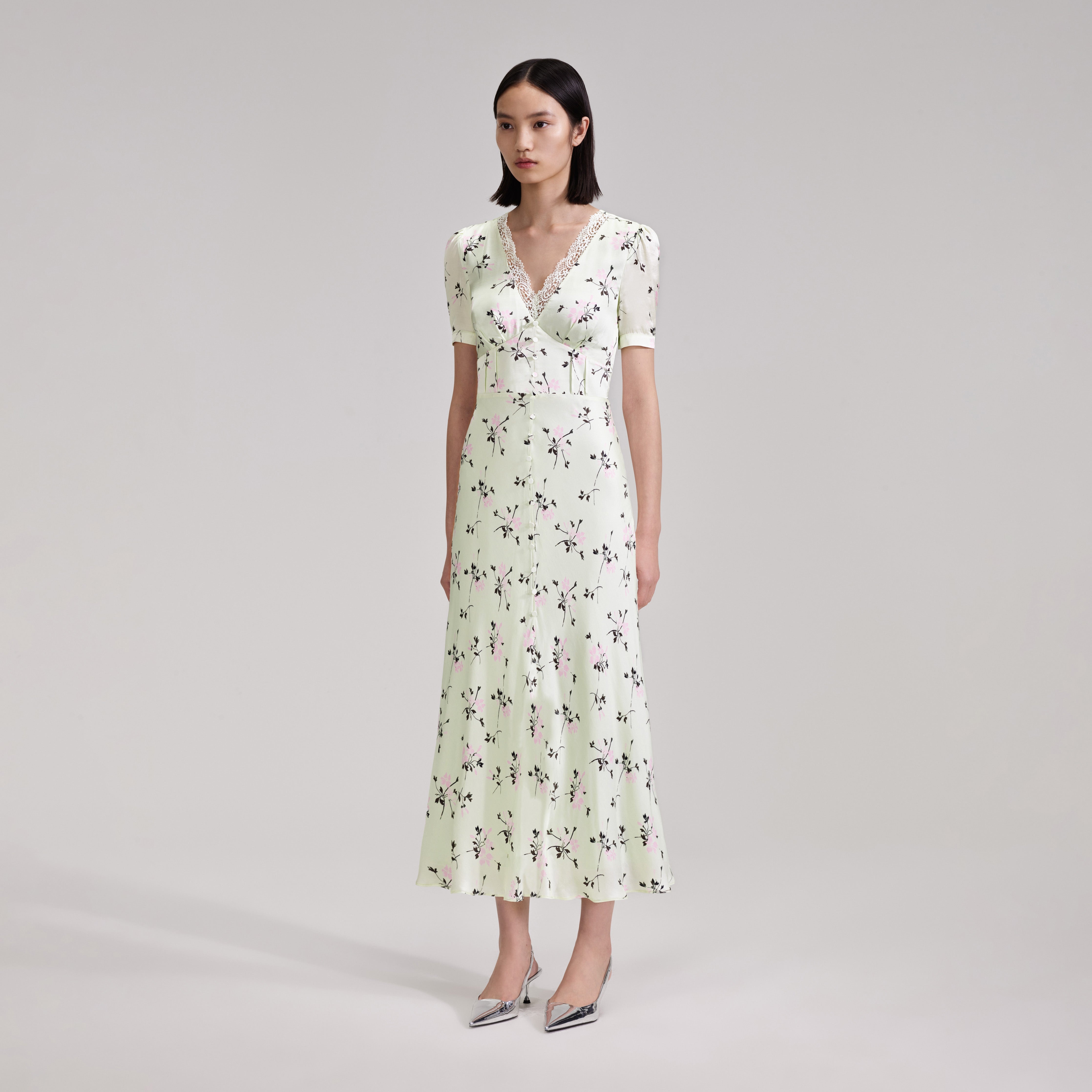 Green Floral Print Lace Detail Midi Dress - 2