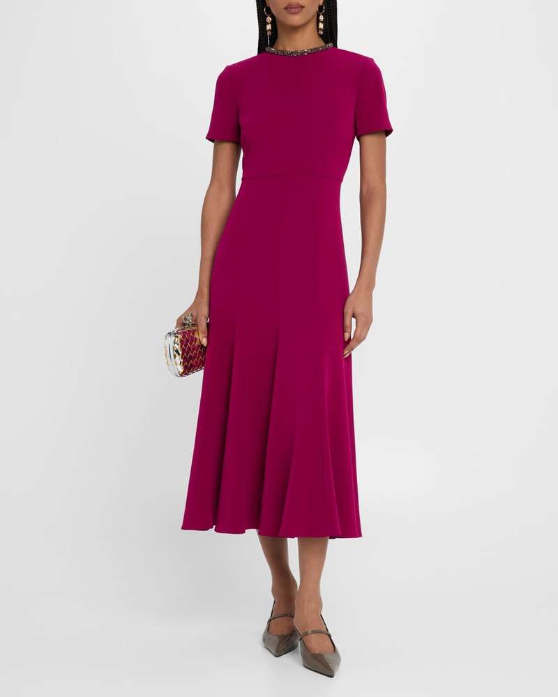 ROLAND MOURET Diamante Neck Light Cady Midi Dress outlook