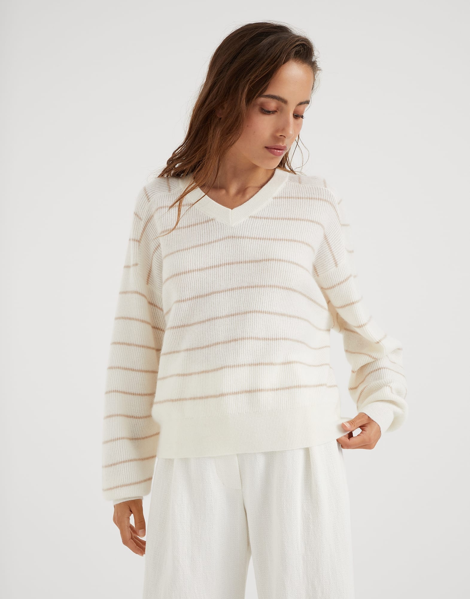 Striped alpaca and cotton English rib sweater with monili - 1