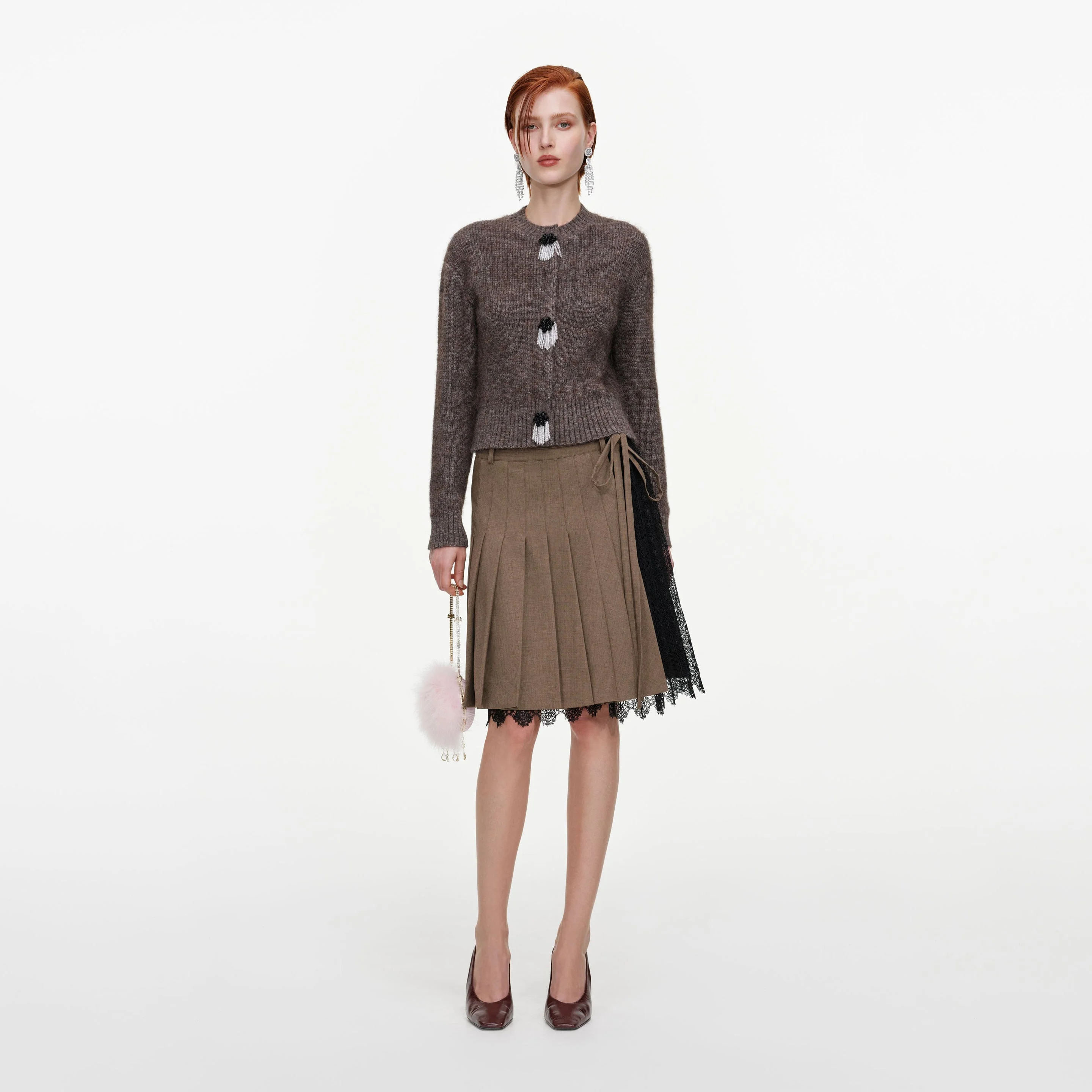 Brown Twill Lace Pleated Midi Skirt - 1