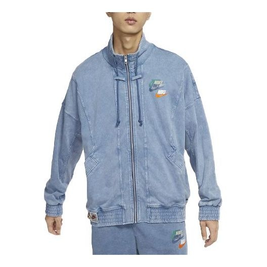 Men's Nike Sportswear Solid Color Logo Casual Denim Long Sleeves Stand Collar Autumn Blue Jacket DV3 - 1