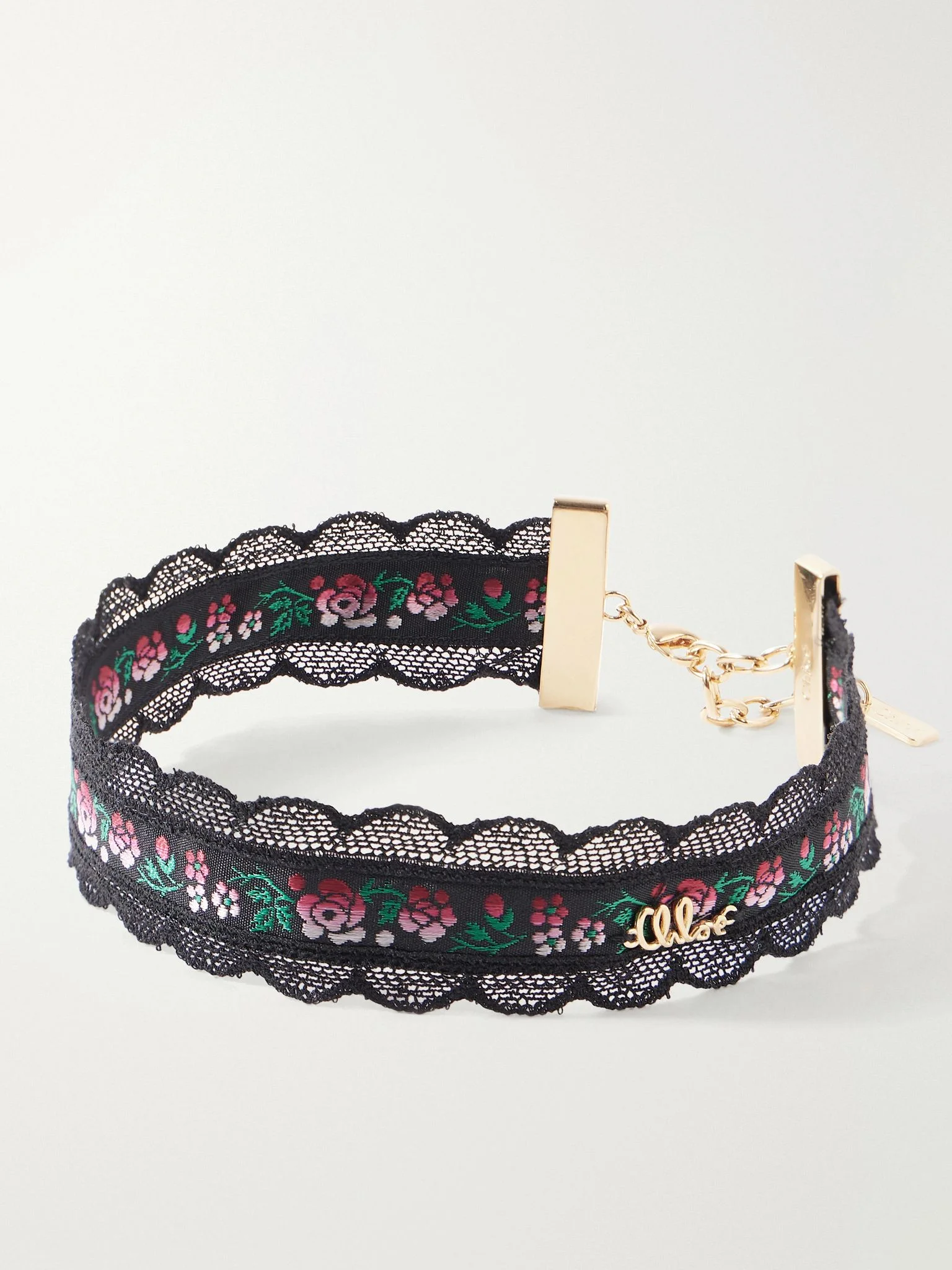Ribbon lace-trimmed floral-jacquard gold-tone choker Black - 1