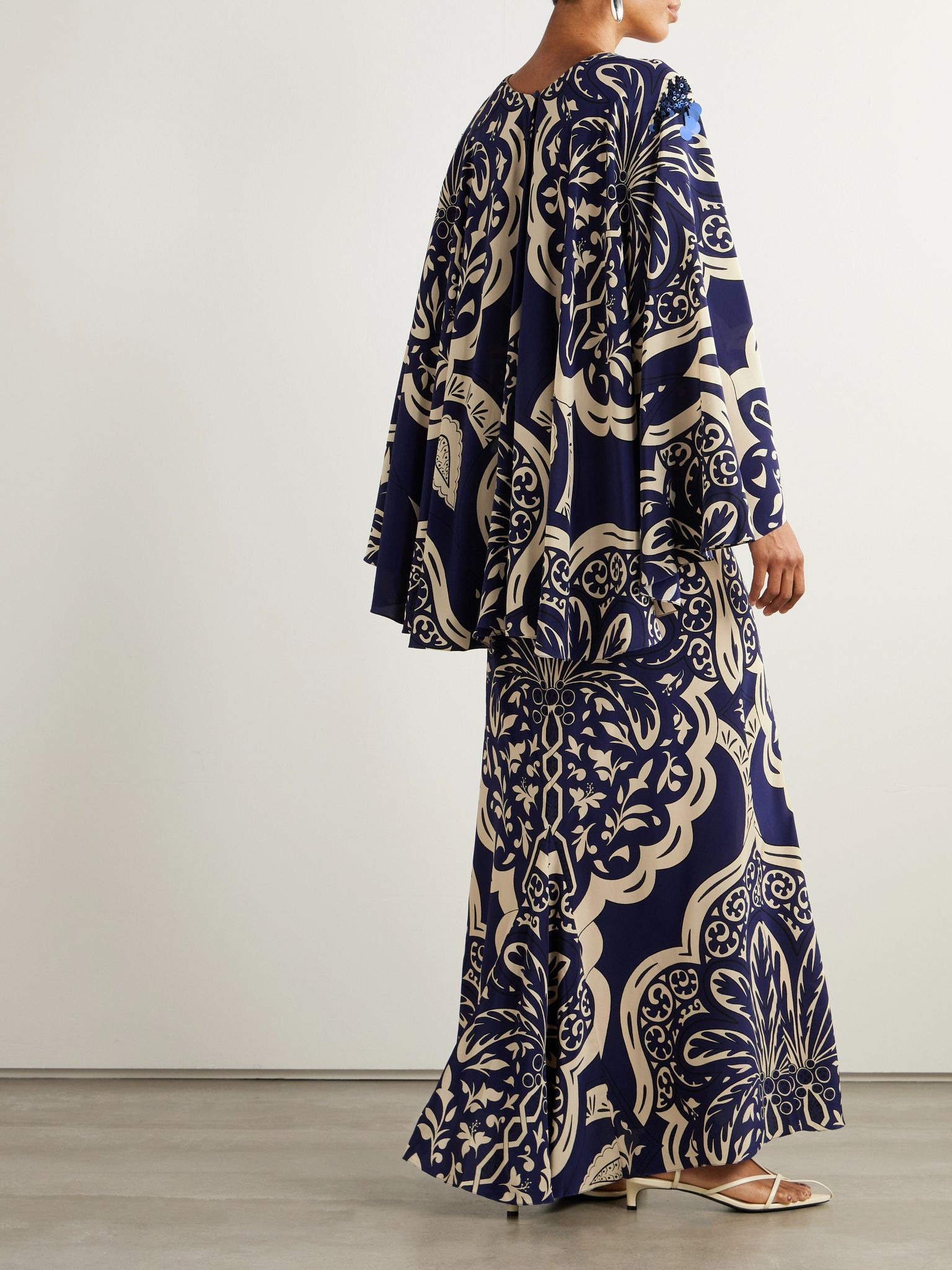 Cape-effect embellished printed silk-crepe maxi dress Navy - 3