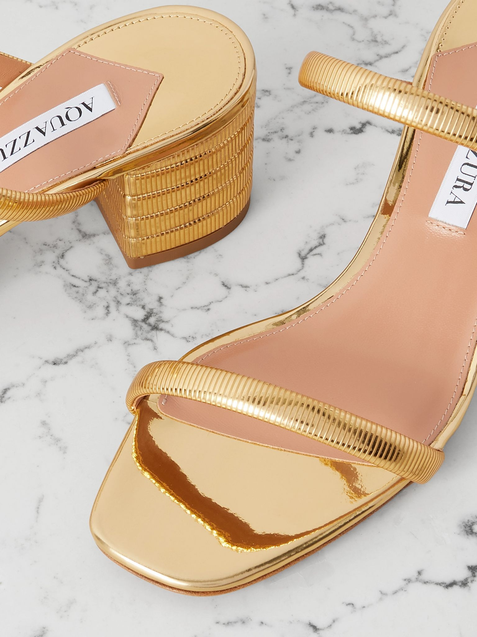 Riviera Chain 50 textured mirrored-leather mules Gold - 4