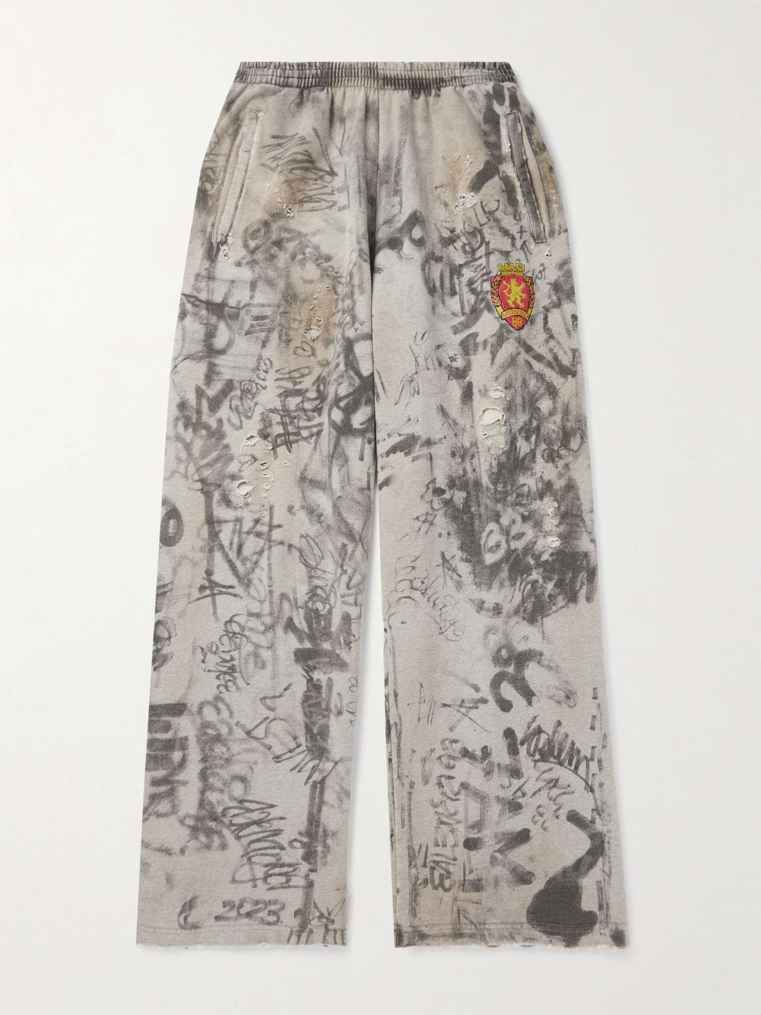 BALENCIAGA Wide-Leg Logo-Embroidered Distressed Printed Cotton-Jersey  Sweatpants, mrporter