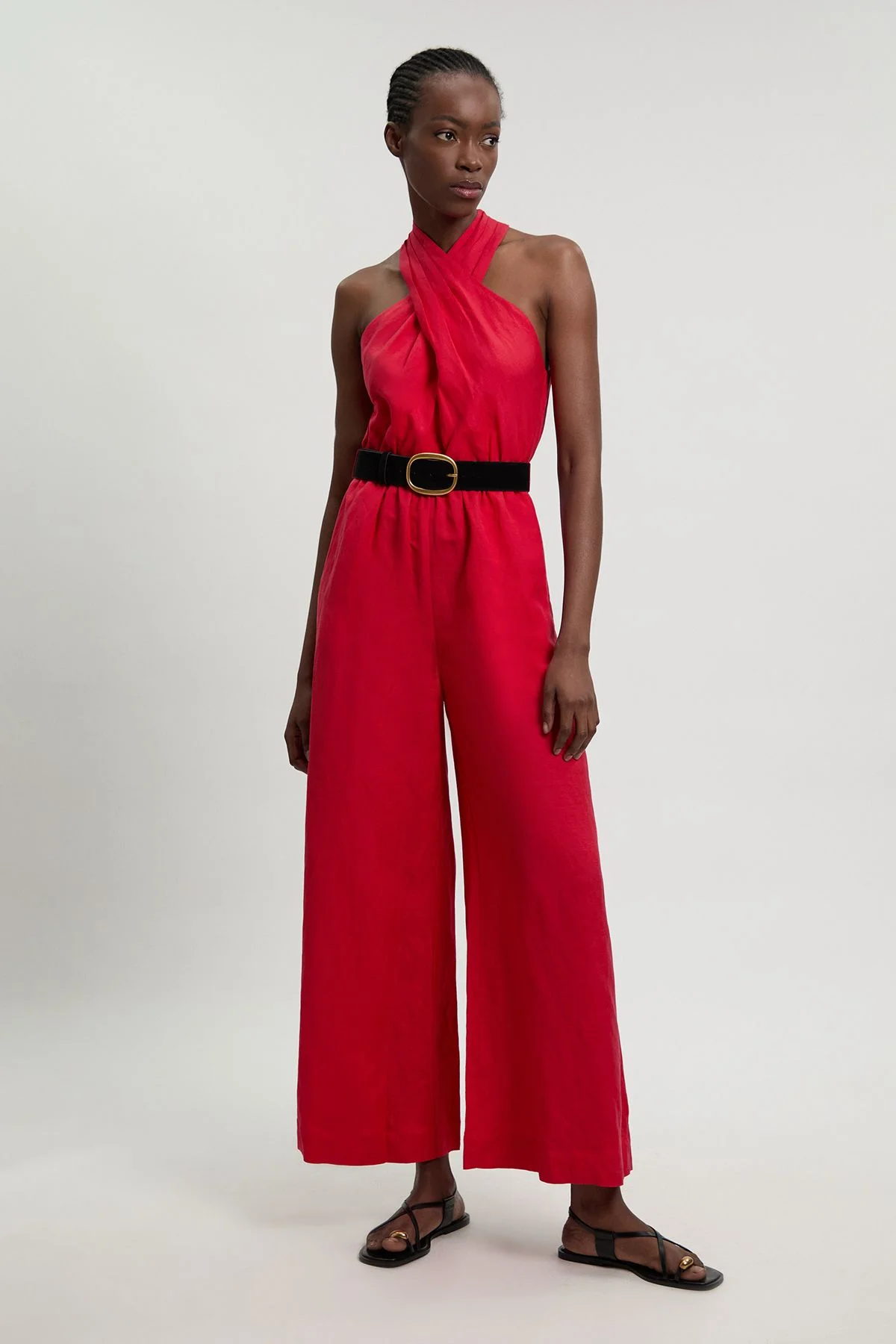 Viscose Linen Belted Halterneck Woven Jumpsuit - 1