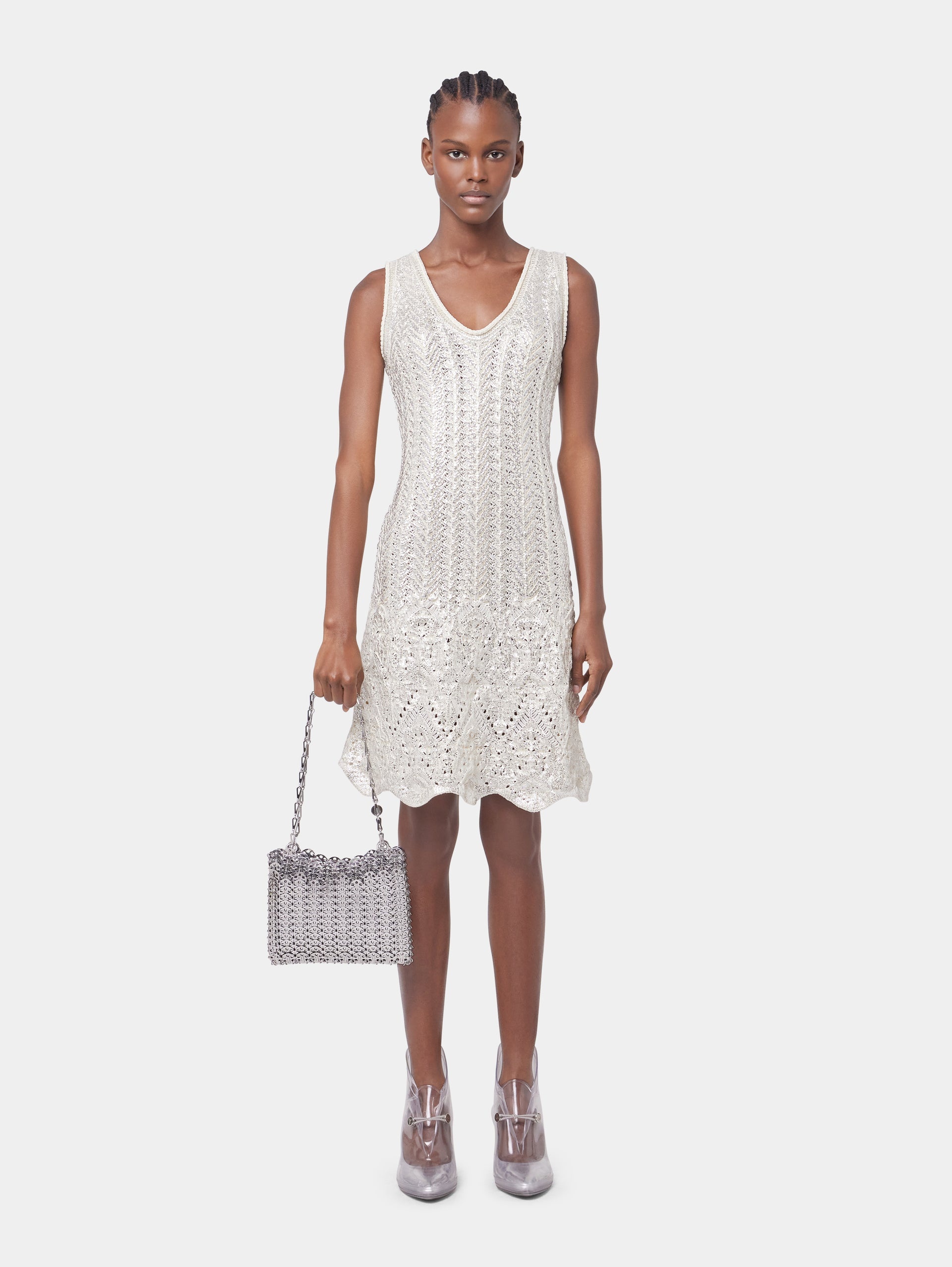 ECRU SHORT DRESS IN COTTON KNIT WITH SILVER INDUCTION - 2