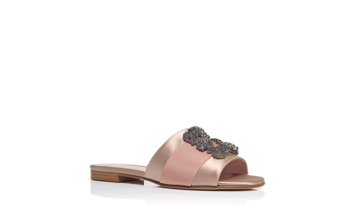 Beige Satin Jewel Buckled Flat Sandals - 3