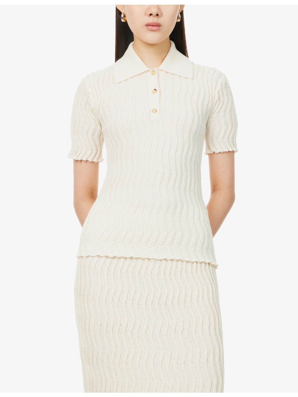 Embossed short-sleeves wool polo shirt - 3