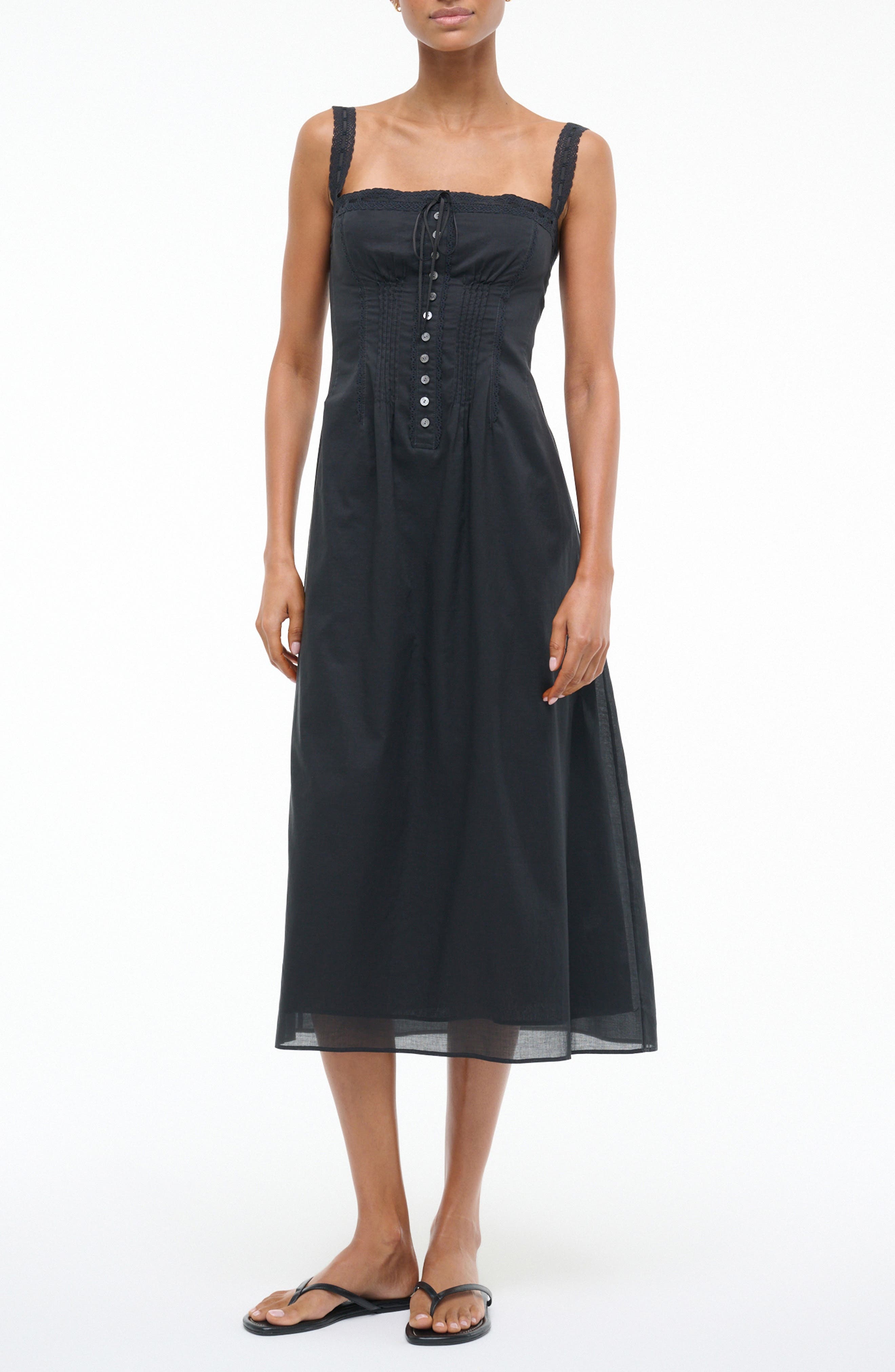 STAUD Matilde Lace Trim Midi Dress in Black at Nordstrom - 1