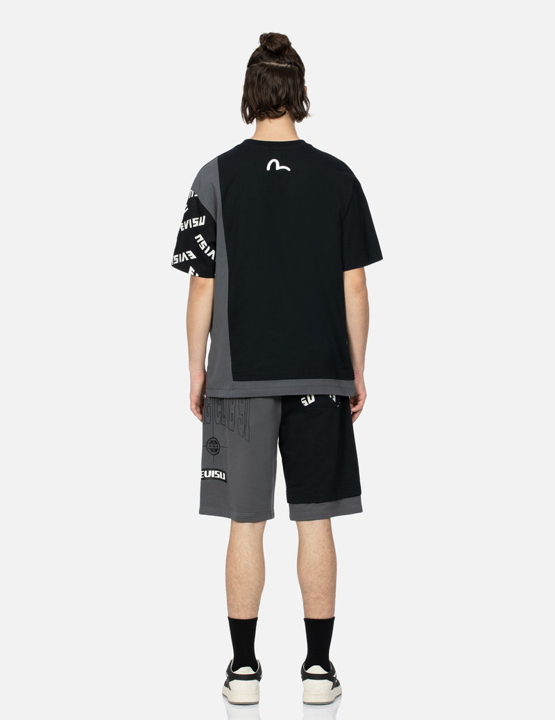 EVISU LOGO PRINT AND SEAGULL EMBROIDERY PATCHWORK SWEAT SHORTS outlook