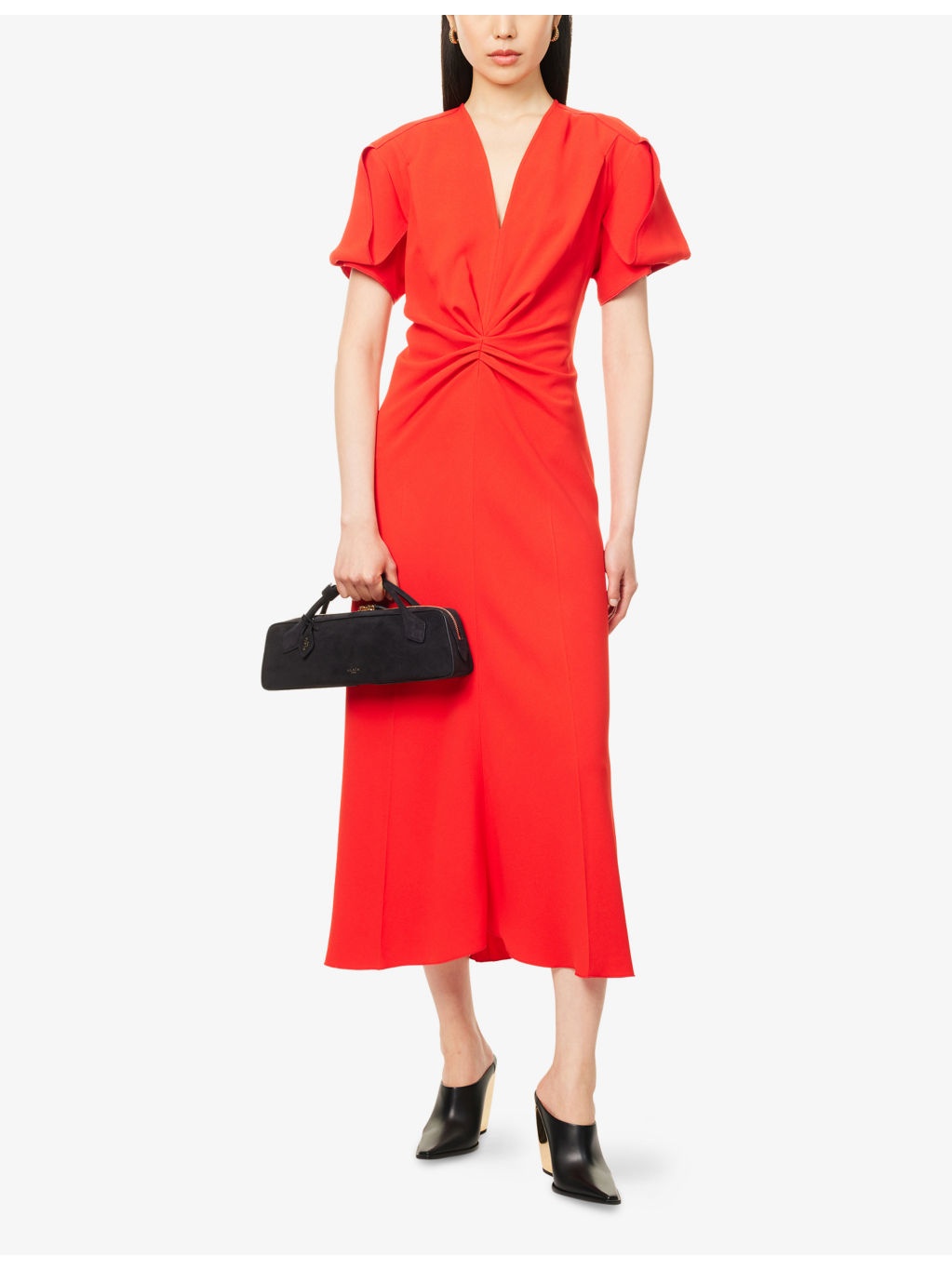 Ruched V-Neck Stretch-Woven Midi Dress - 2