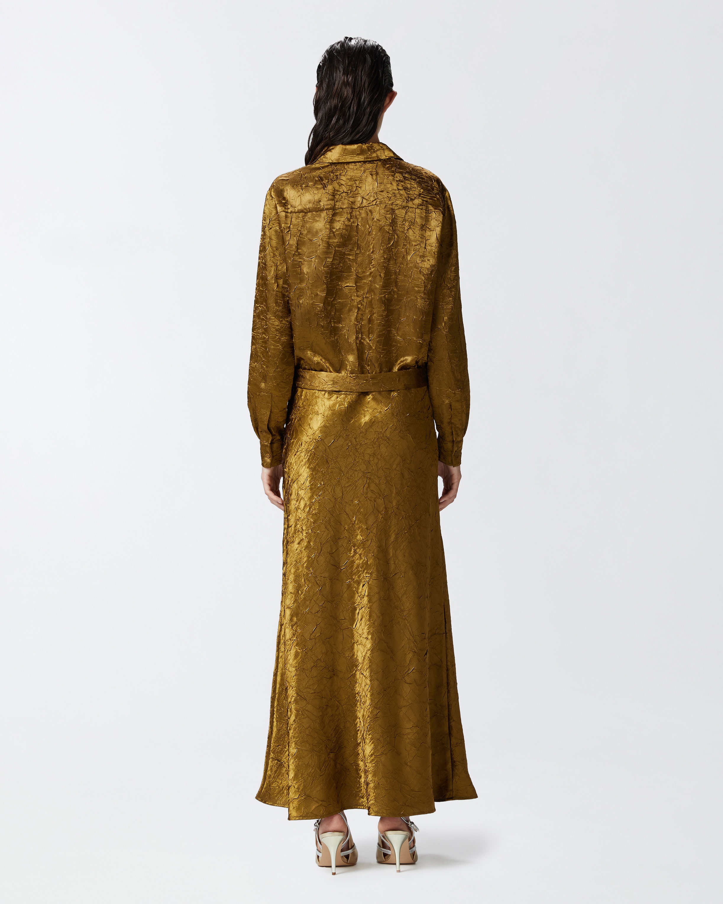 LONG CRINKLED SATIN SHIRT DRESS - 4