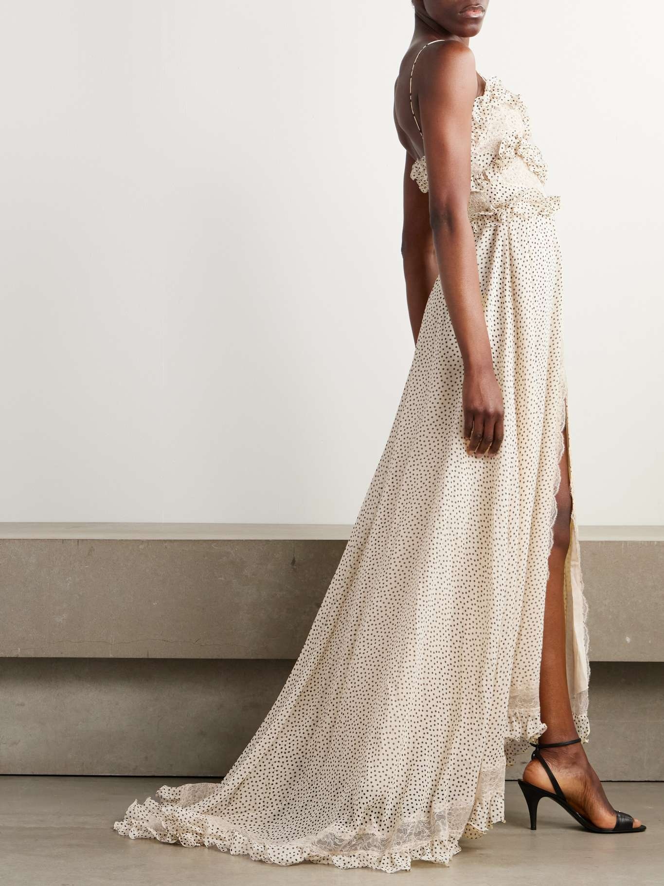 Lace-trimmed ruffled polka-dot silk-georgette gown Beige - 2