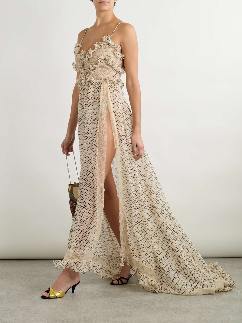 Valentino Lace-trimmed ruffled polka-dot silk-georgette gown Beige outlook