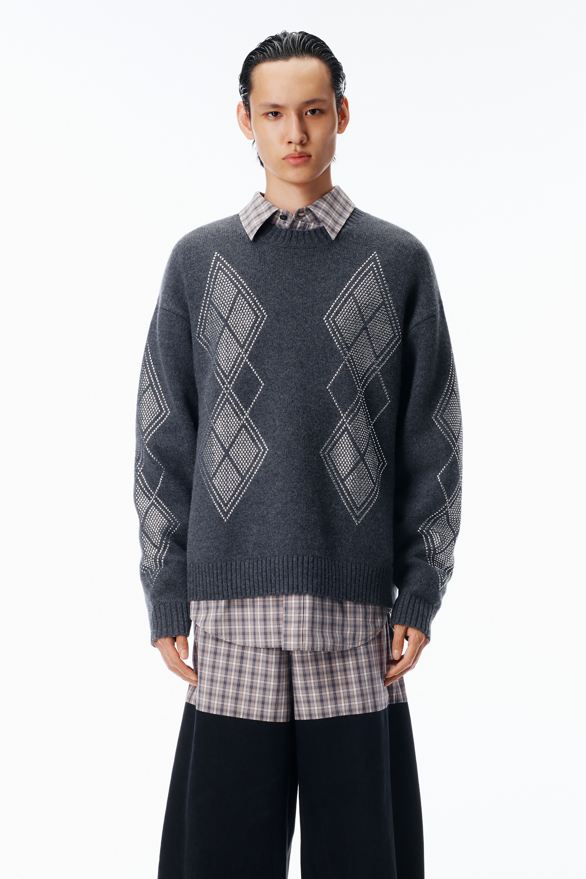 Studded Argyle Crewneck Pullover - 2