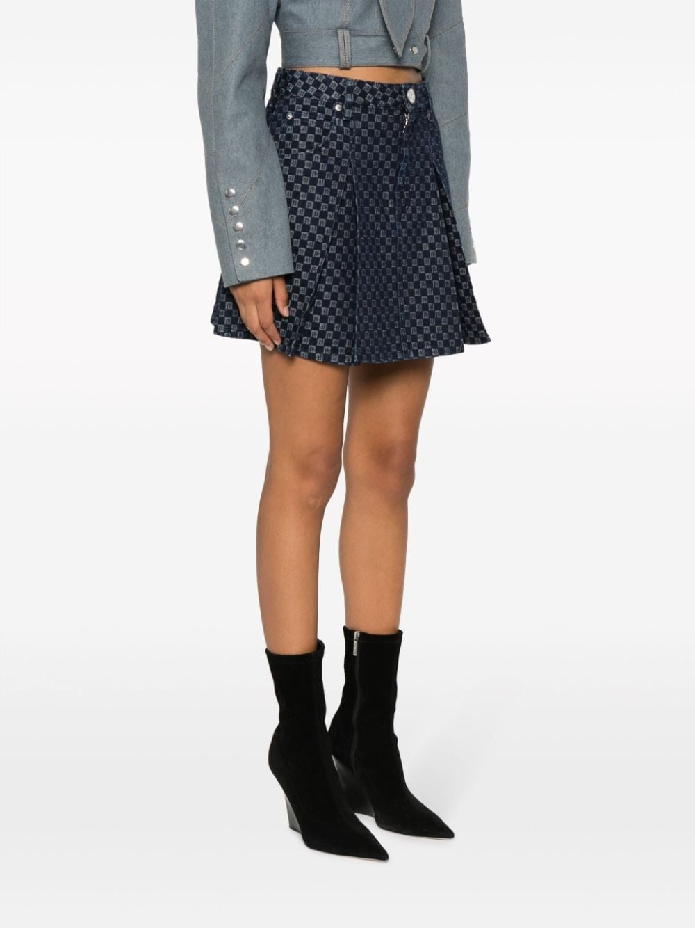 pleated monogram-jacquard denim miniskirt - 3