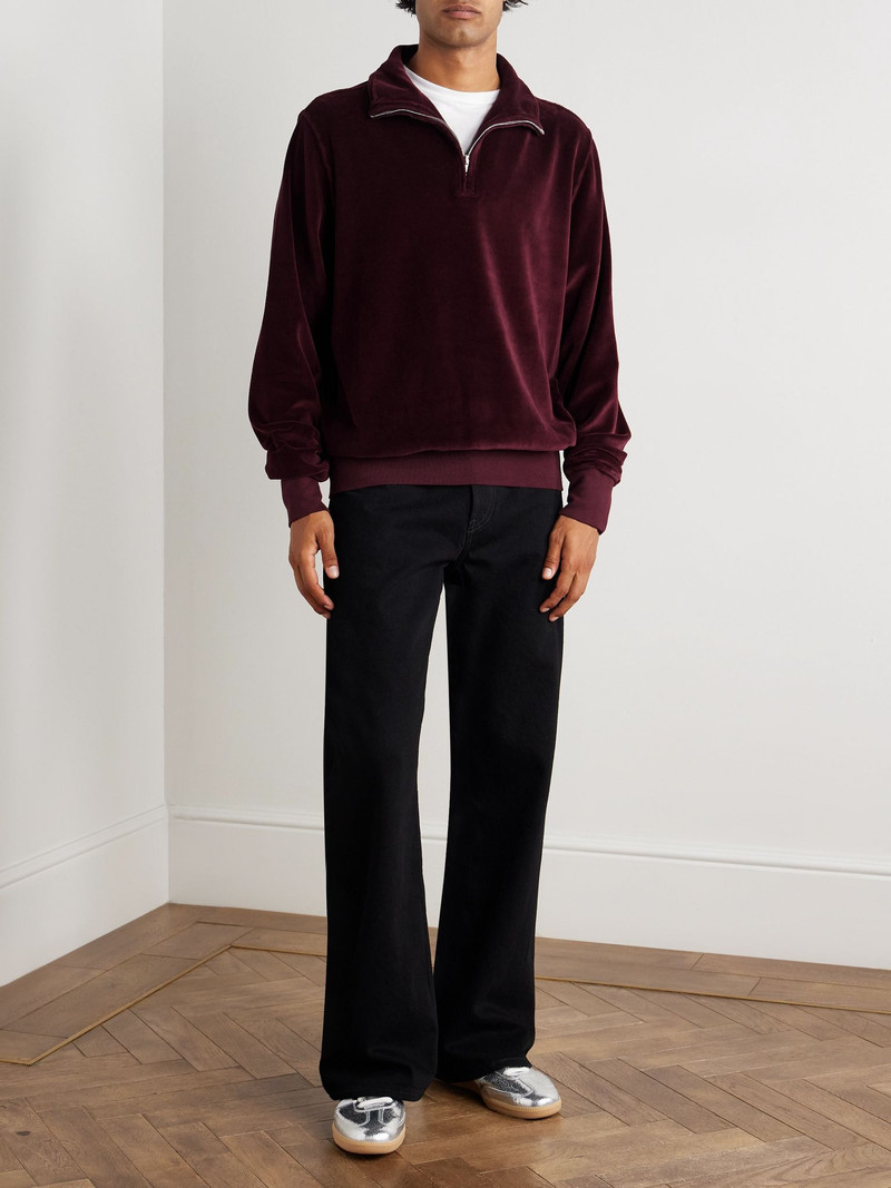 LES TIEN Cotton-Blend Velour Half-Zip Sweatshirt Burgundy outlook