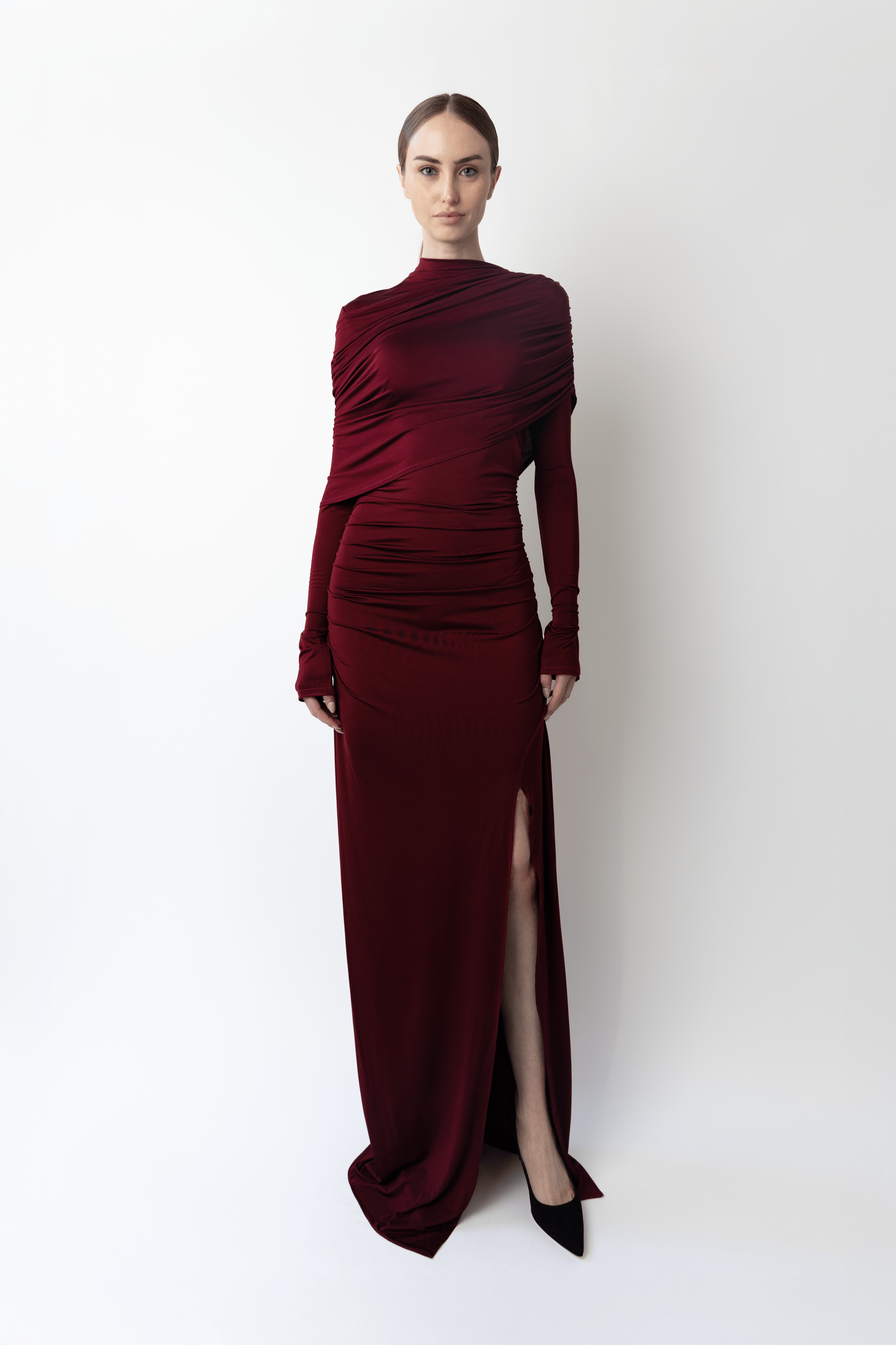 Jersey Asymmetrical Shawl Draped Gown - 2