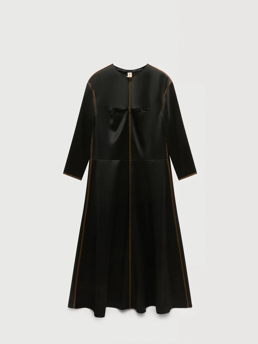 BLACK SATIN LONG-SLEEVED DRESS WITH CONTRAST STITCHING - 1