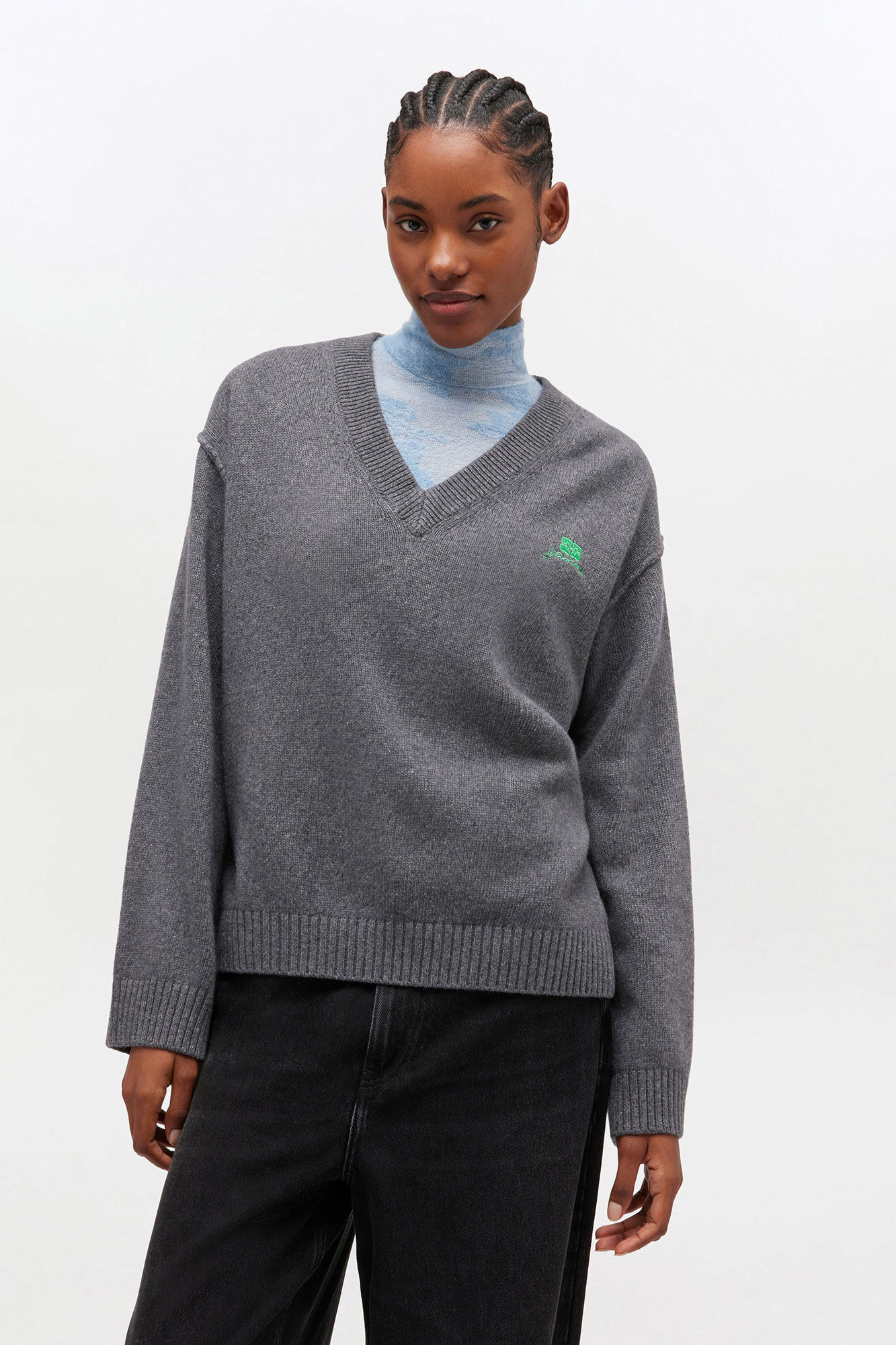 GREY WOOL MIX V-NECK SWEATER - 3