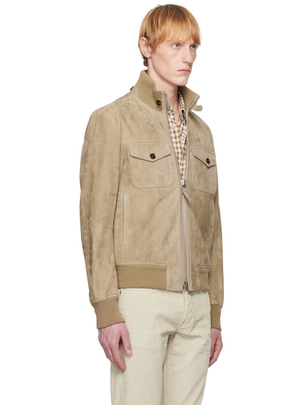 Khaki Chest Pocket Suede Bomber Jacket - 2