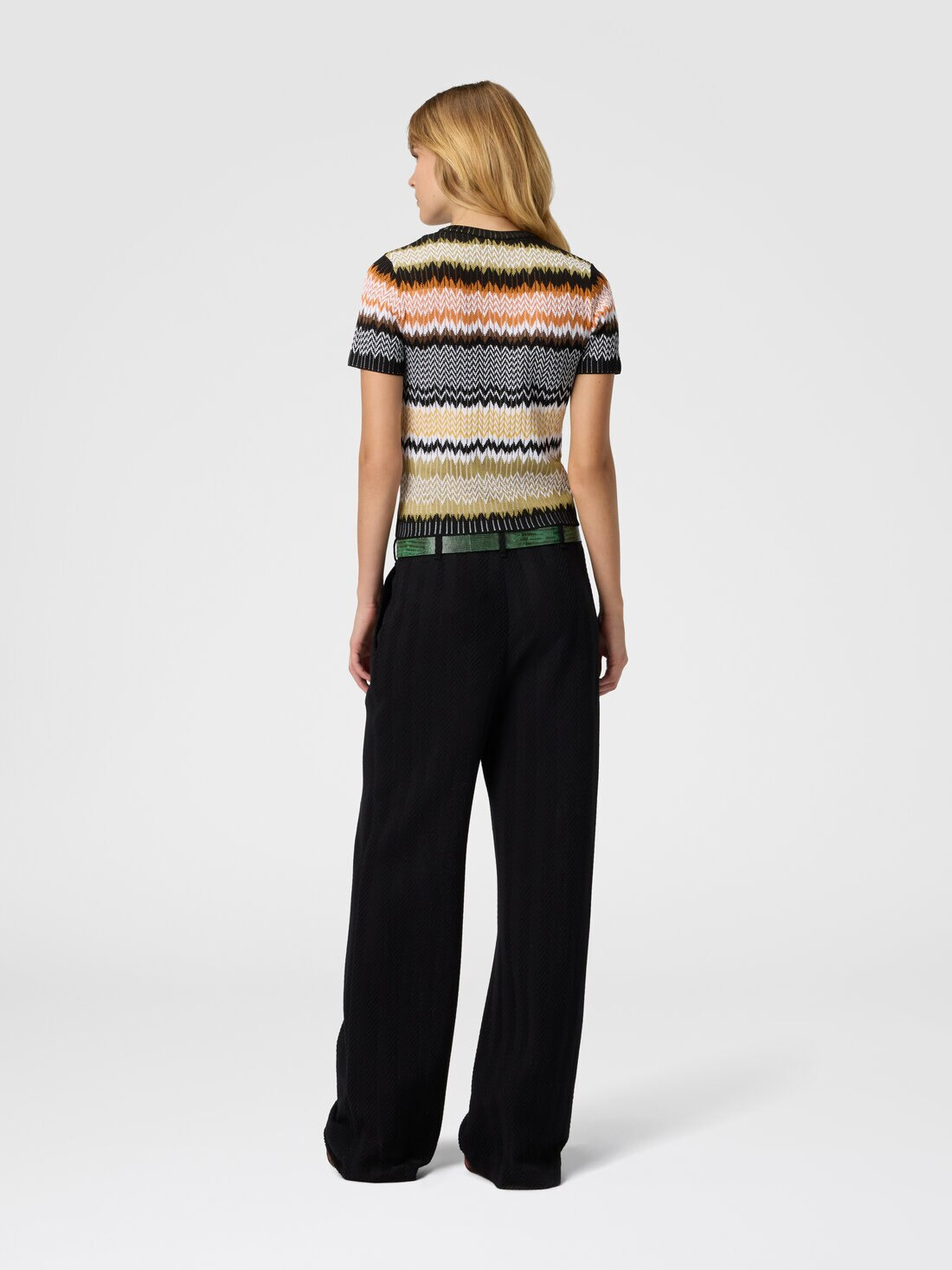 Short Sleeve Crew Neck Sweater with Chevron Pattern - 3