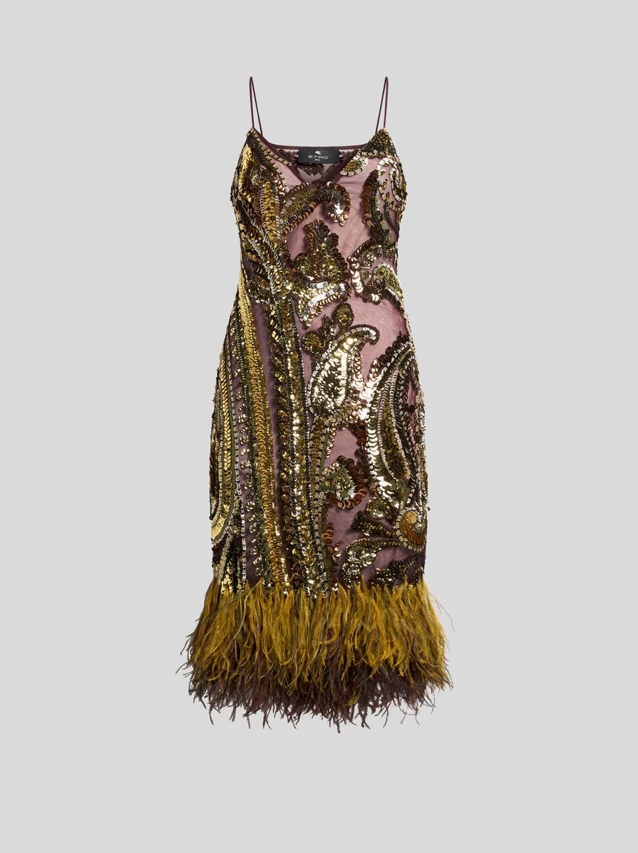KNEE-LENGTH DRESS WITH SEQUINS AND OSTRICH FEATHERS - 1