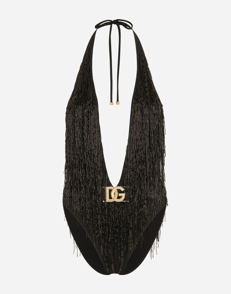One-piece swimsuit with bead fringing 1